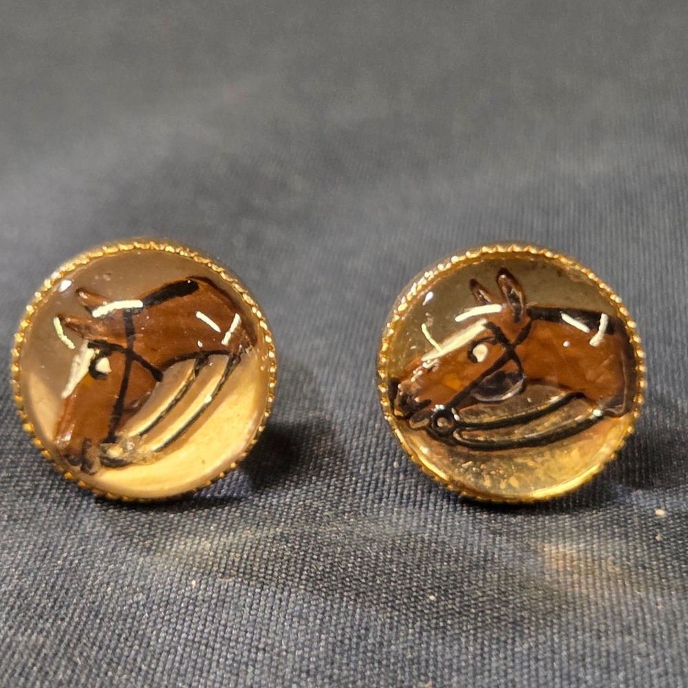 Vintage Intaglio Reverse Painted Horse Head Cufflinks Gold Tone Equestrian OS